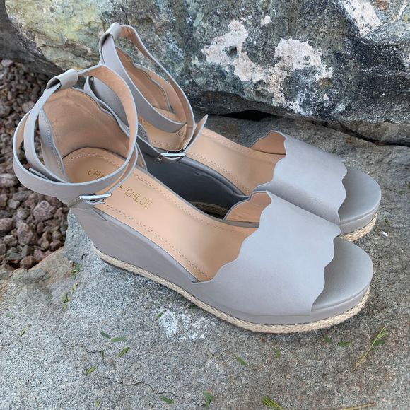 Chase and Chloe Shoes - New Grey Scalloped Sling Back Platform Sandals